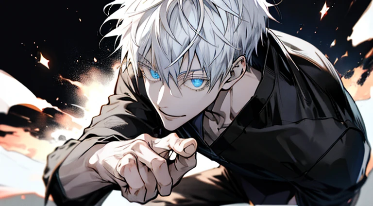 (masutepiece, Best Quality:1.2), (hyper detailed face), (Super well formed face), full - body, 独奏, Tall Boy, Tachi, male focus, 1boy, Gojo Satoru, Smile, looking a viewer, white colored hair, blue eyes, crystal clear eyes, Beautiful pupils, beautiful detail eyes, long eyelashes, black sweater top, long sleeves, Black pants, Lift Sunglasses, night city,Beautiful night scene, Dynamic Angle, In Shibuya area, Tokyo Prefecture, Japan, perfect arms, Perfect fingers, Dex Finger Raise