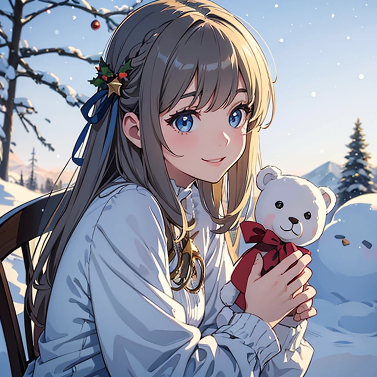 Cute hairstyle, beautiful eyes, Christmas costume, (sketch) 1.3, (squat) 1.3, (top of the hill), (snow) 1.4, (beautiful girl) 1.3, panorama, enjoy, cheerful smile,, (masterpiece) 1.3, From side, ((upper body)), Christmas tree, snowing, Christmas, girl sitting on a chair, holding a big teddy bear, presents, glitter, soft clean focus, soft clean focus, realistic light and shadows, (very delicate and beautiful art) 1.3, elegant, active, panoramic