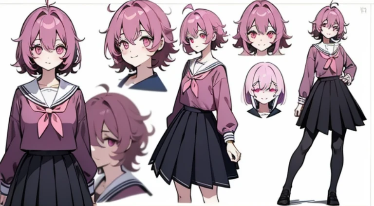 ((Masterpiece, Highest Quality)), Detailed Face, Character Sheet, full - body, 1girl, pink eyes, dark purple hair, Short hair, ahoge, ((messy hair)), Hair between the eyes, school uniform, cardigan, black thighs, Smile, yandere, Dark, pink theme, pale skin, Full of Details, multiple poss and expressions, Highly detailed, depth, many details