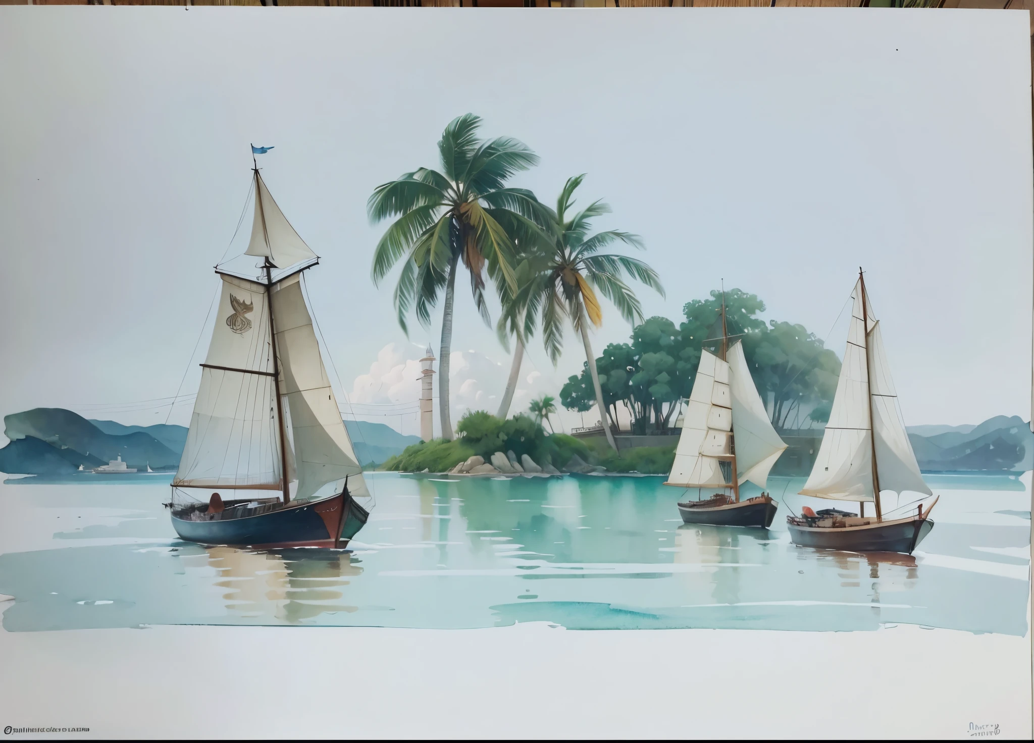 pintura aquarelado de mar coqueiros barcos com velas