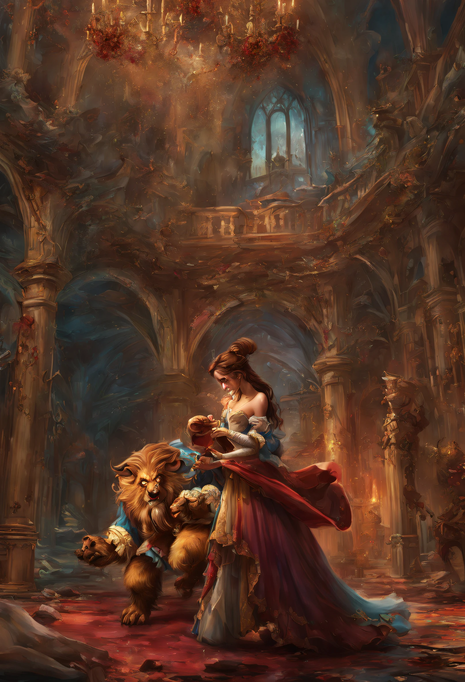 Beauty and beast, Biest an der Leine, Rabid, Belle in Strapse und highheels, Dunkles Schloss,Sauberes Design, episches Instagram, ArtStation, Spritzer bunter Farbe, Contour, Hyperdetailliert Detailliert Detailliert, Unreal-Engine, wunderlich, Komplizierte Details, splash screen, complementary colors, Fantasy-Konzeptkunst, 8k resolution, DeviantArt-Meisterwerk, Oil painting, Heavy blows, Farbe tropft