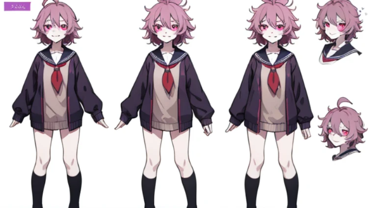 ((Masterpiece, Highest Quality)), Detailed Face, Character Sheet, full - body, 1girl, pink eyes, dark purple hair, Short hair, ahoge, ((messy hair)), Hair between the eyes, school uniform, cardigan, black thighs, Smile, yandere, Dark, pale skin, Full of Details, multiple poss and expressions, Highly detailed, depth, many details