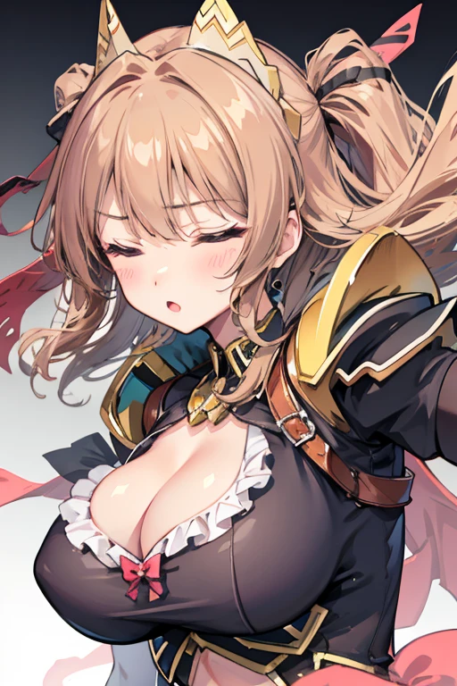 perfect anatomy, (1 girl: 1.1), Big breast, closed eyes, unconscious, sad :o, sweetlip, black outfit, gloves, (look at viewer:1.1) BREAK from front, arms down, symmetry, close up, head shot
