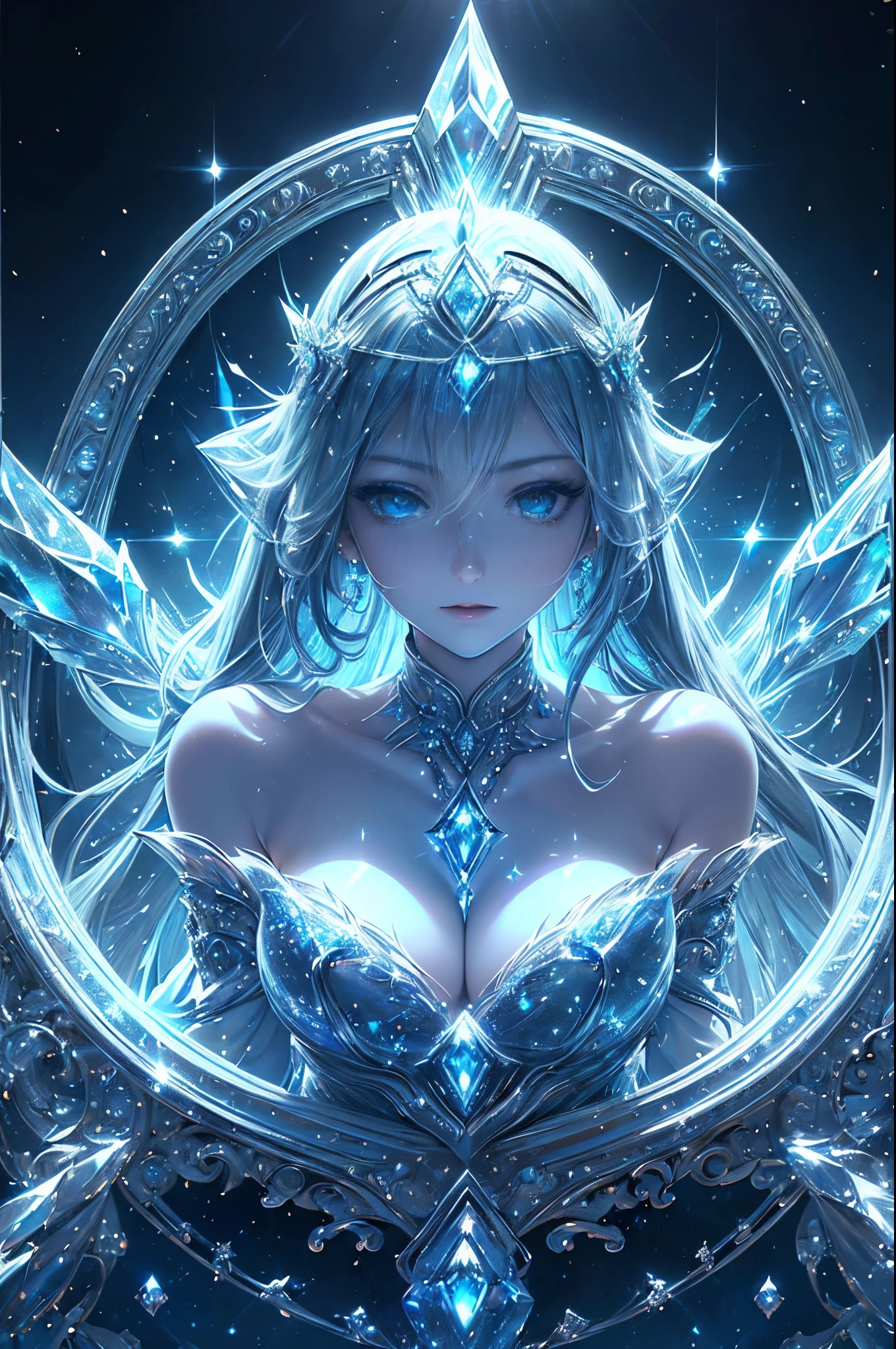 Silver and blue tones、((masterpiece)))、(((top-quality)))、((ultra-detailliert))、(A hyper-realistic)、(highly detailed CGillustration)、light Particle、Halo、Official art、Fractal Art、Geometry learned、Abstract background、mystical、sacredness、solemnity、Majestic、dignity、absolute zero、Diamond Dust、Ice magic that freezes everything、Full body luminescence、Queen of snow、Cool Beauty、 Woman in her 30s、Slender eyes、sharp gaze、sapphire eyes、Super beautiful and sparkling eyes、sophisticated menegance、Gorgeous beauty、Fans、gorgeous dress、diamond encrusted solo、Perfect Angle、perfect-composition