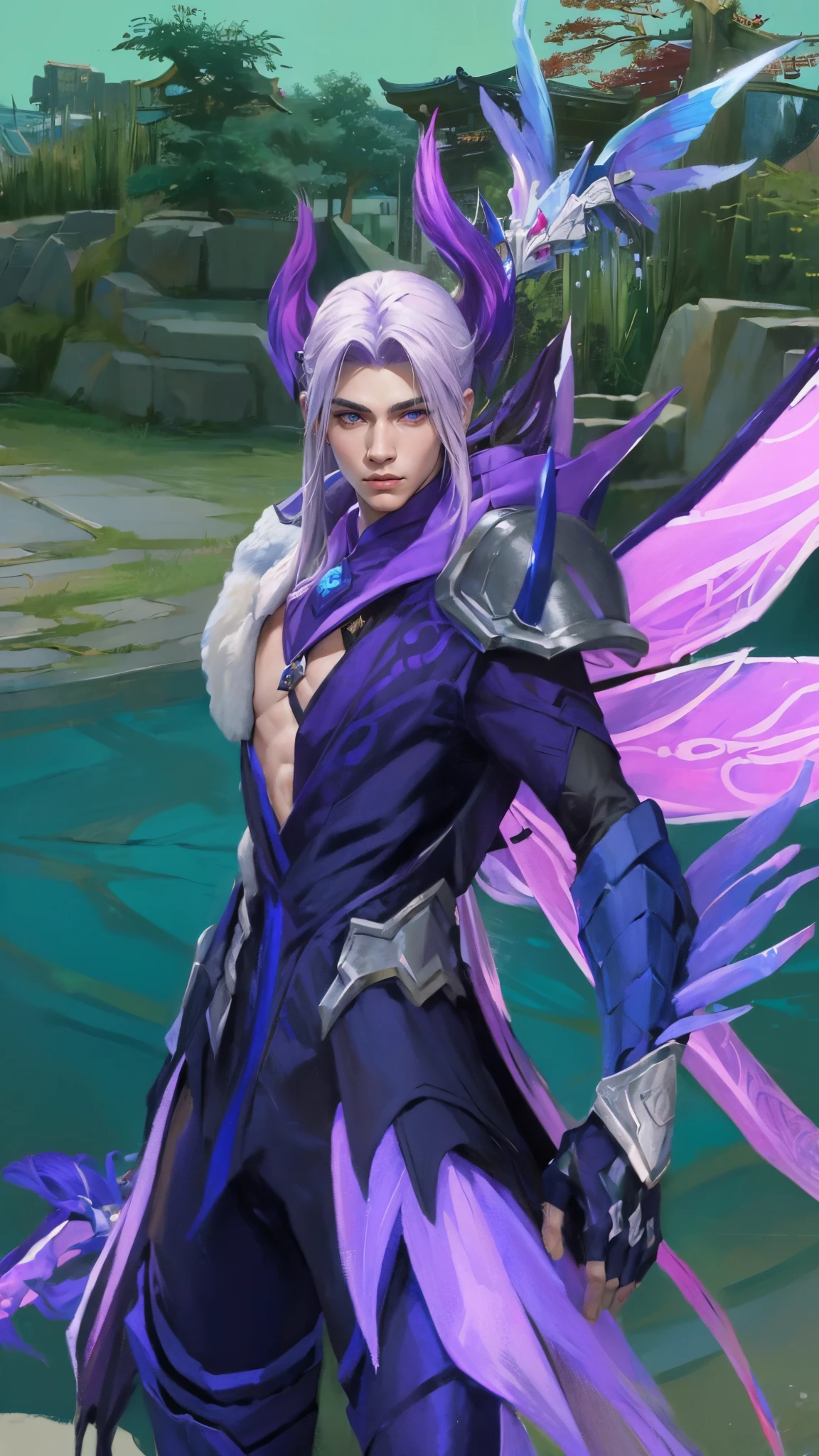 (Masterpiece:1.4), (best quality:1.2), enduring sword talon, 1boy, male focus, purple hair, long hair, japanese clothes, hair ornament