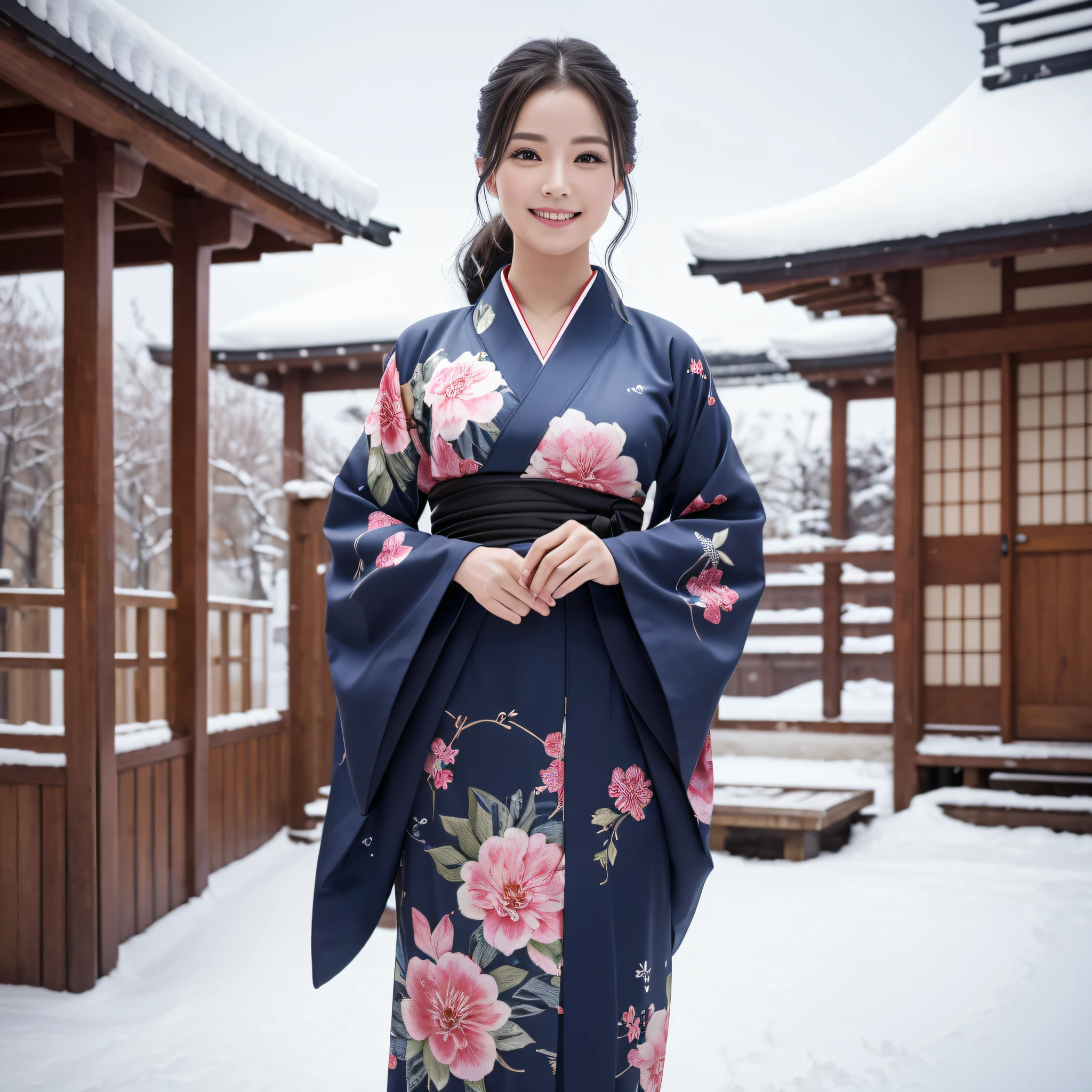 (Super beautiful woman in kimono)、((best qualtiy、8k masterpieces:1.3))、foco nítido:1.2、(ultra beautiful faces:1.0)、(shinny skin:1.0)、photos realistic、A dark-haired、Video Lighting、High-definition eyes and face、Video Lighting、Japanese actressl、from the front side、medium breasts、With a happy smile、Slender Abs Beauty、Whole body、wearing kimonos、In a snowy landscape in the middle of winter、highest grade obi