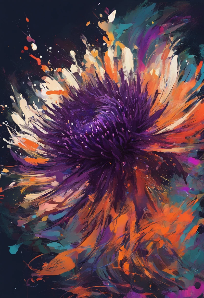 Draw an abstract painting of a single flower., dark purple thistle flowers、use acrylic paint、Abstract artist known for his unique use of acrylic pouring, real brush strokes,aesthetic composition,Minimal style, sharp and irregular strokes、A shape reminiscent of emotional sharpness、Spiny appearance and deep purple color、symbolizes hardship and rejection、express strong dislike、 The main color scheme of the work is dark.、deep color tone, Add moist compacted sand、Enhances the texture and tactile elements of your artwork。, While staring at this image, oot、Interaction of color and texture、full of disgust、guided by disgust