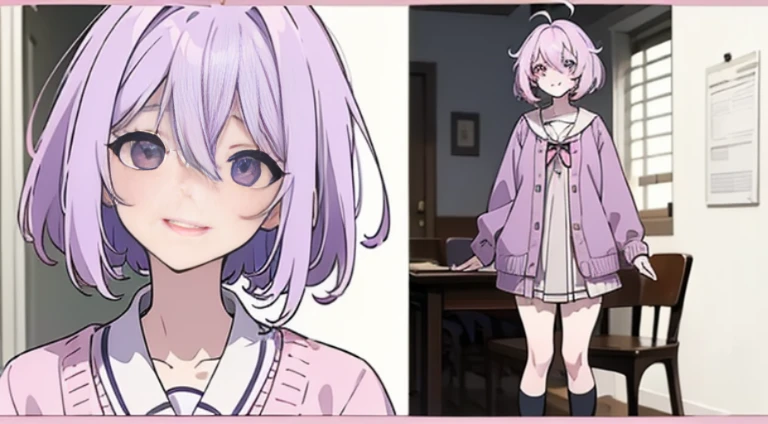 ((Masterpiece, Highest Quality)), Detailed Face, Character Sheet, full - body, 1girl, pink eyes, dark purple hair, Short hair, ahoge, ((messy  hair)), Hair between the eyes, school uniform, cardigan, black thighs, Smile, yandere, Dark,pale skin, Full of Details, multiple poss and expressions, Highly detailed, depth, many details
