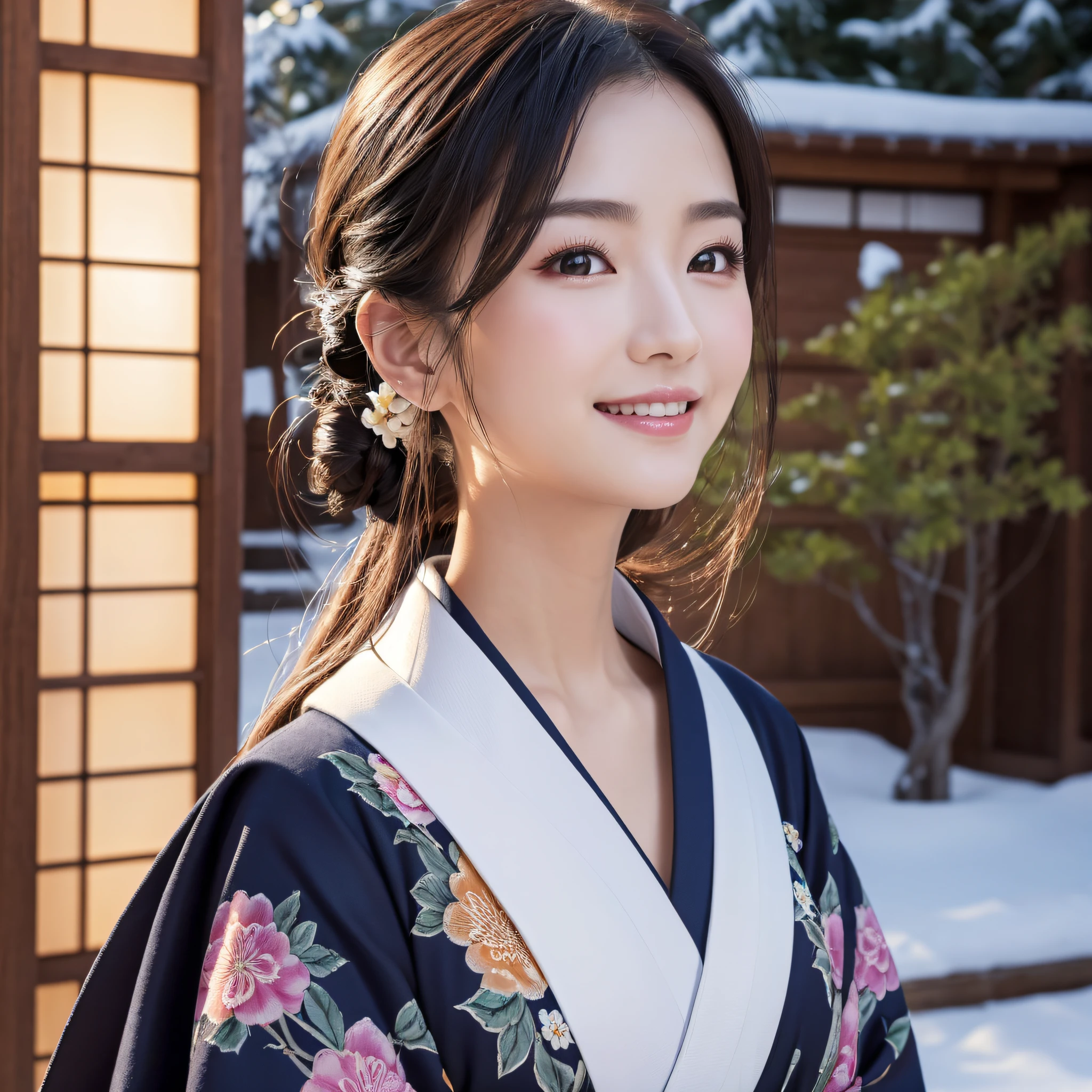 (Super beautiful woman in kimono)、((best qualtiy、8k masterpieces:1.3))、foco nítido:1.2、(ultra beautiful faces:1.0)、(shinny skin:1.0)、photos realistic、A dark-haired、Video Lighting、High-definition eyes and face、Video Lighting、Japanese actressl、from the front side、medium breasts、With a happy smile、Slender Abs Beauty、Whole body、wearing kimonos、In a snowy landscape in the middle of winter、highest grade obi