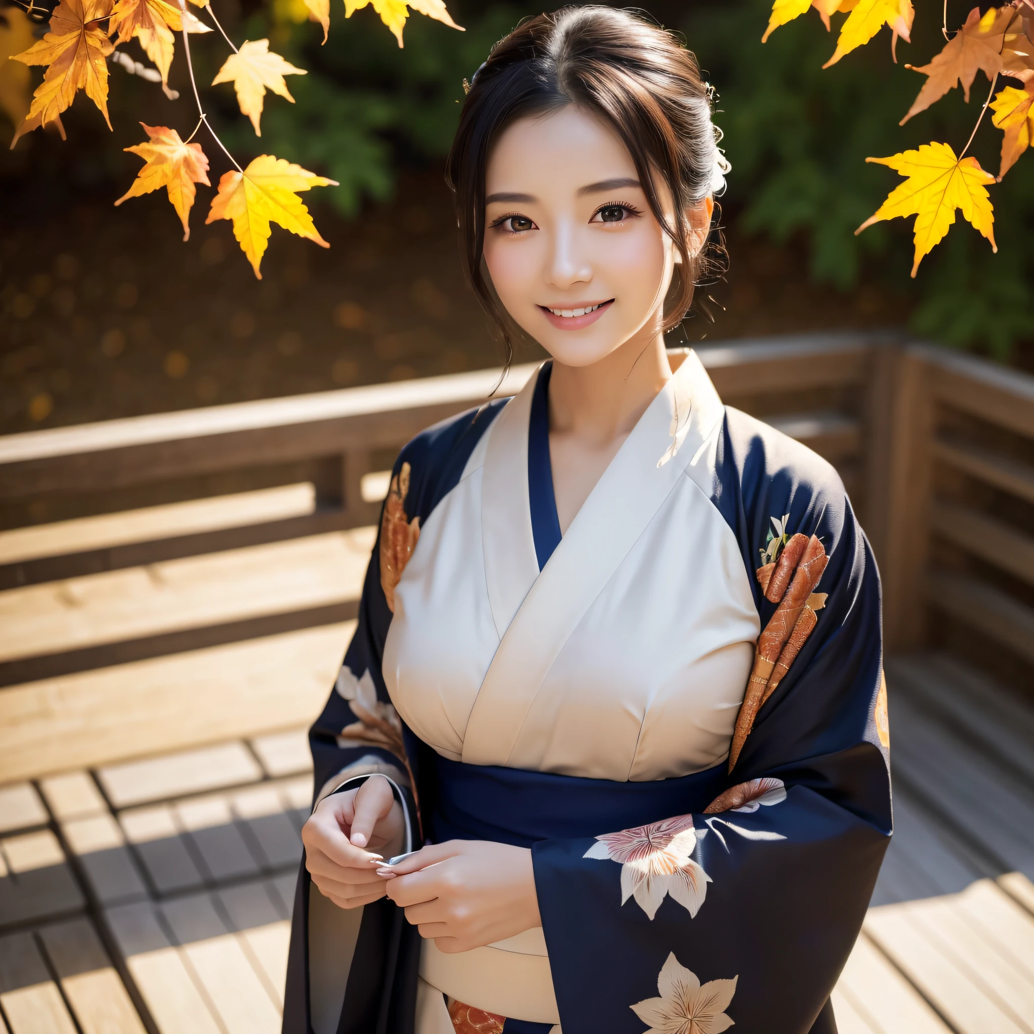 (Super beautiful woman in kimono)、((best qualtiy、8k masterpieces:1.3))、foco nítido:1.2、(ultra beautiful faces:1.0)、(shinny skin:1.0)、photos realistic、A dark-haired、Video Lighting、High-definition eyes and face、Video Lighting、Japanese actressl、from the front side、medium breasts、With a happy smile、wearing kimonos、Under the autumn leaves、highest grade obi