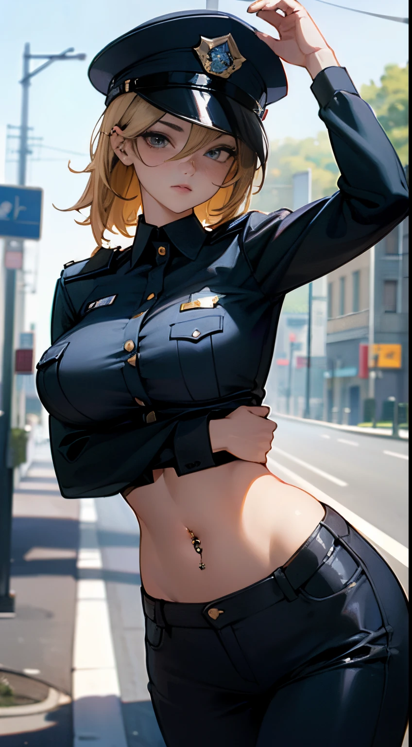 ((((Uniform torn and skin exposed))))、((((feel shy))))、((a blond))、beautiful  Girl、Large beautiful breasts、cleavage of the breast、A slender、オマンコ、(((((seduce lewdly)))))、((Inside the bustling city))、((smil))