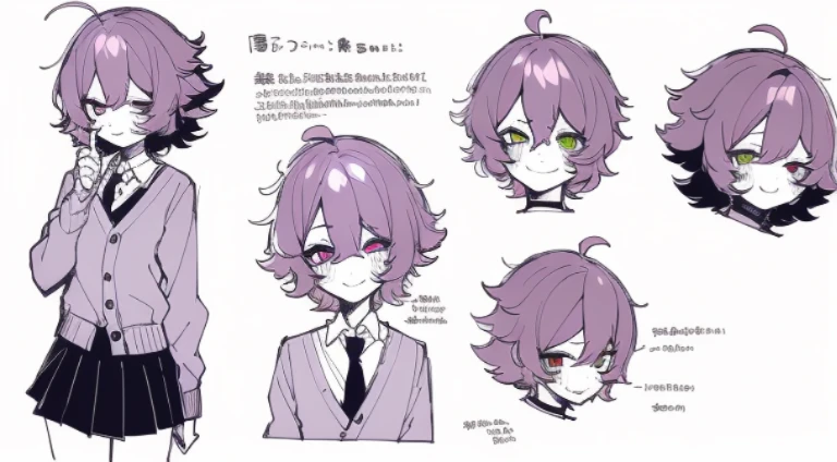 ((Masterpiece, Highest Quality)), Detailed Face, Character Sheet, full - body, 1girl, pink eyes, dark purple hair, Short hair, ahoge, ((messy hair)), Hair between the eyes, school uniform, cardigan, black thighs, Smile, yandere, Dark, pale skin, Full of Details, multiple poss and expressions, Highly detailed, depth, many details
