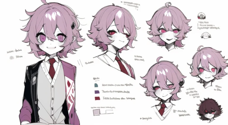 ((Masterpiece, Highest Quality)), Detailed Face, Character Sheet, full - body, 1girl, pink eyes, dark purple hair, Short hair, ahoge, ((messy hair)), Hair between the eyes, school uniform, cardigan, black thighs, Smile, yandere, Dark, pale skin, Full of Details, multiple poss and expressions, Highly detailed, depth, many details