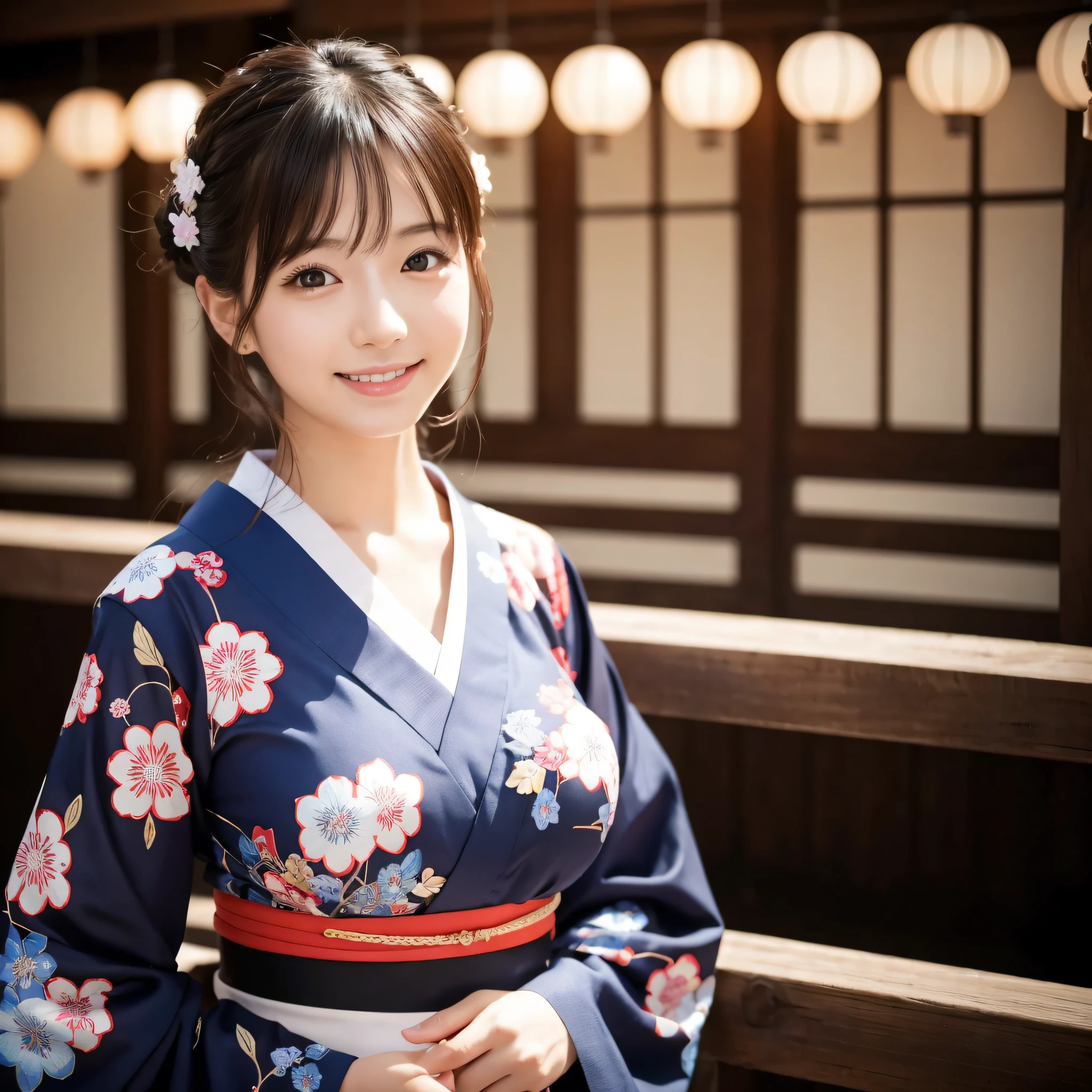 Beautiful woman in neat Japanese clothes、8k masterpieces:1.3))、foco nítido:1.2、(ultra beautiful faces:1.0)、(shinny skin:1.0)、photos realistic、A dark-haired、Video Lighting、High-definition eyes and face、Video Lighting、The front side of the huge breasts of Japanese idol actresses、Smile、Slender Abs Beauty、Whole body、In furisode