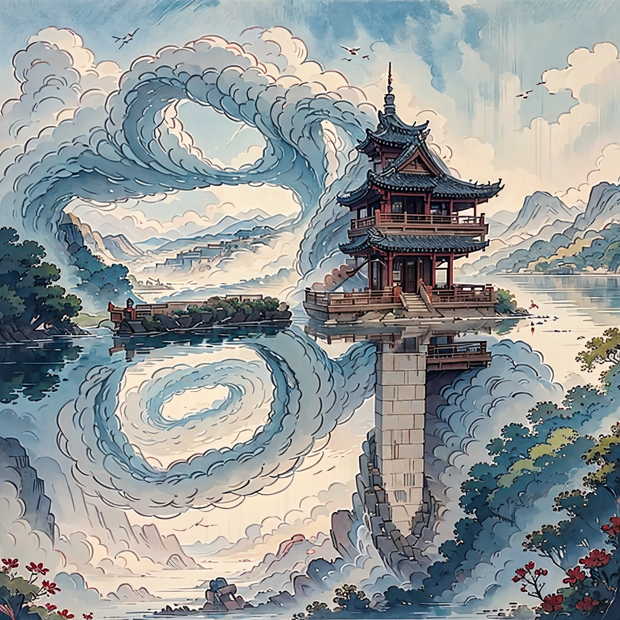 Mountain painting with a pagoda on a small island, chinese watercolor style, chinese painting style, digital painting of a pagoda, Chinese landscape, traditional Chinese watercolor painting, chinese paintings, Japan Art Style, High detail watercolor 8K, highly detailed water colour 8 k, detailed painting 4 k, author：heroes, japanese painting, author：Qu Leile，light and shadows