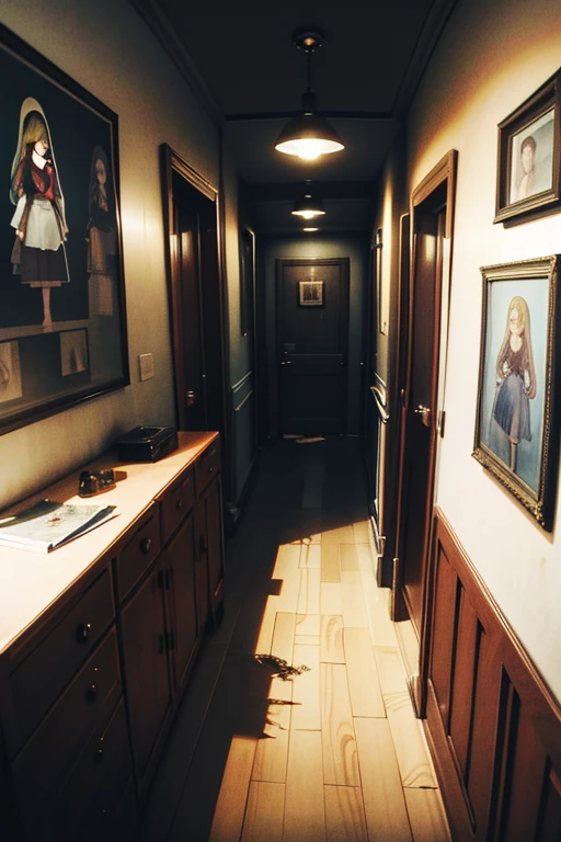 colored illustration, depicting a criminal&#39;s room, where one wall is hung with photographs of different girls. The atmosphere is creepy and disturbing, in dim lighting, casting shadows, increasing foreboding. The mess in the room and the huge number of photographs hint at obsession and sinister intentions of its occupant...