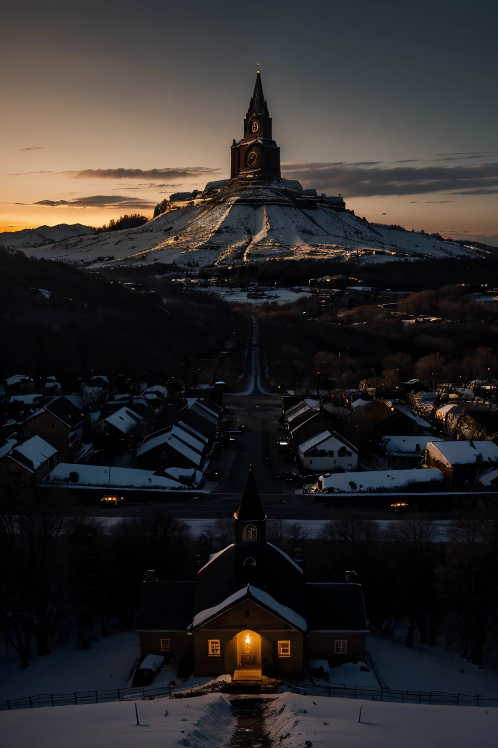 a really dark sunset winter landscape with three figures and a church that is on fire on a hill