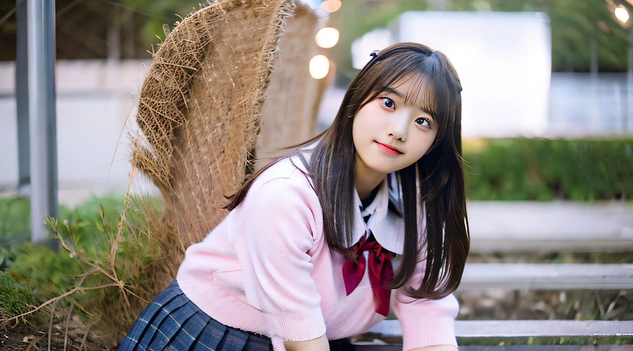 Cute high school girl, 18 years old, Wearing a pink miniskirt