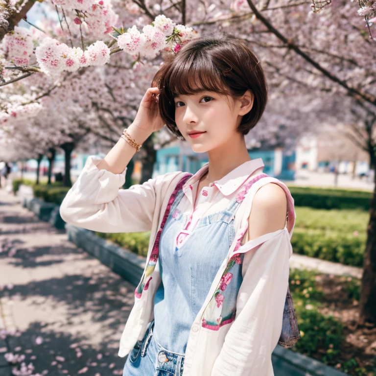 An ultra-high picture quality、Perfect Photo、17year old beautiful model、Berry Berry Shorthair、springtime、Spring clothes、In the street