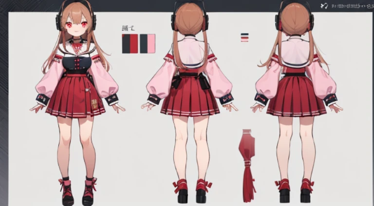 ((Masterpiece, Highest Quality)), Character Sheet, vtuber, full - body, Detailed Face, Full of Details, Highly detailed, depth, 1girl, girl in a skirt and headphones, :3, Long hair, Bangs, multi-colored hair, two tone hair, Gradient hair, [[brown hair]], brown hair with pink tips, [[[[[[pink hair]]]]]], black crop top, red skirt, pleated skirt, Stockings, Gaiters, black choker, red eyes, Star (symbol), star-shaped pupils