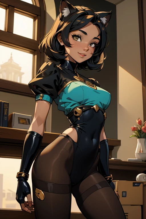beautiful young woman with cat ears on her head, com rosto bem detalhado e bonito, belos olhos, belos olhos, rosto lindo, beautiful young woman wearing black tights, sueter apertado branco, short pantyhose, standing in an office at night, usando salto alto, cabelo curto preto, morena,orelhas de gato, belo sorriso, tomboy, morena, um pouco musculosa
