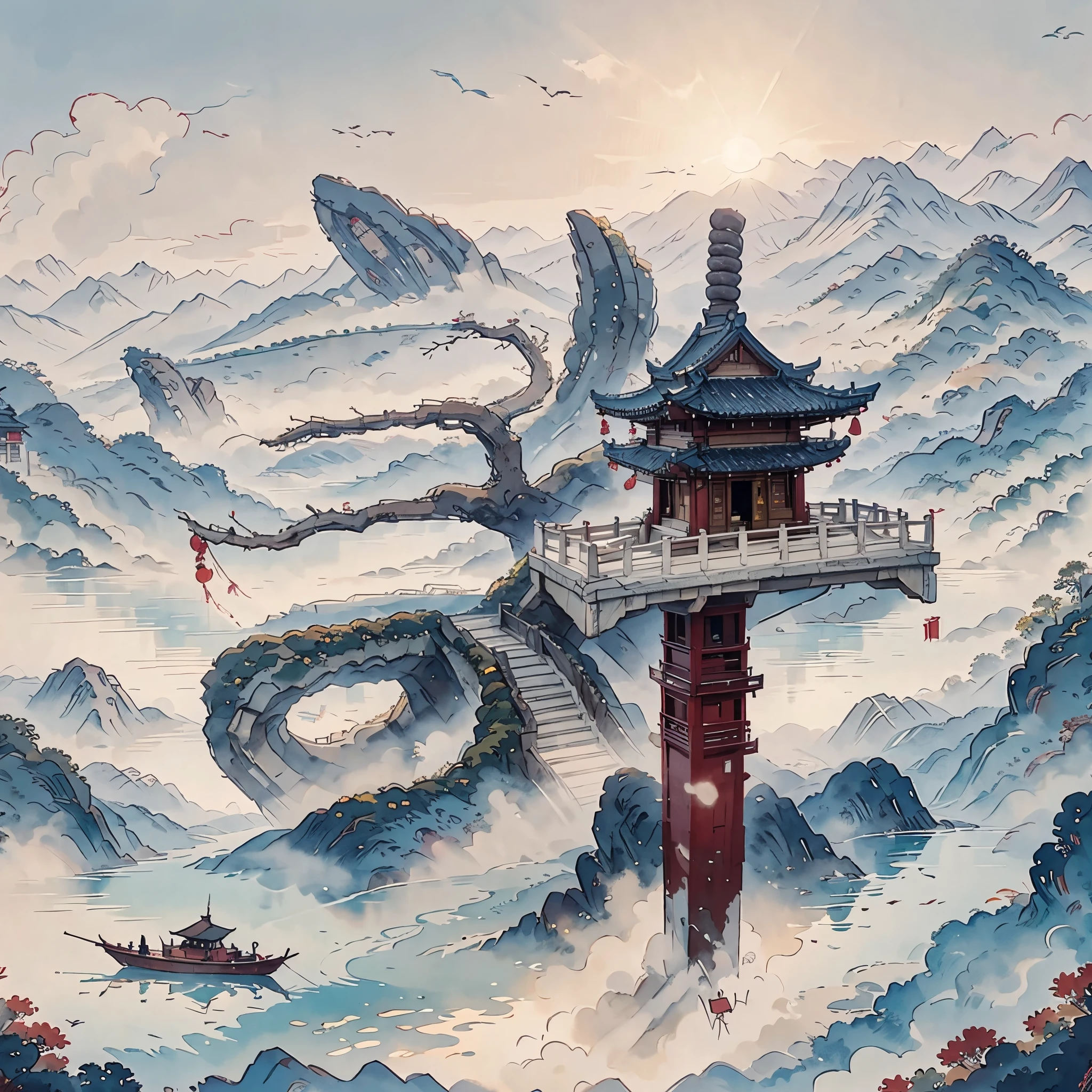 Mountain painting with a pagoda on a small island, chinese watercolor style, chinese painting style, digital painting of a pagoda, Chinese landscape, traditional Chinese watercolor painting, chinese paintings, Japan Art Style, High detail watercolor 8K, highly detailed water colour 8 k, detailed painting 4 k, author：heroes, japanese painting, author：Qu Leile，light and shadows