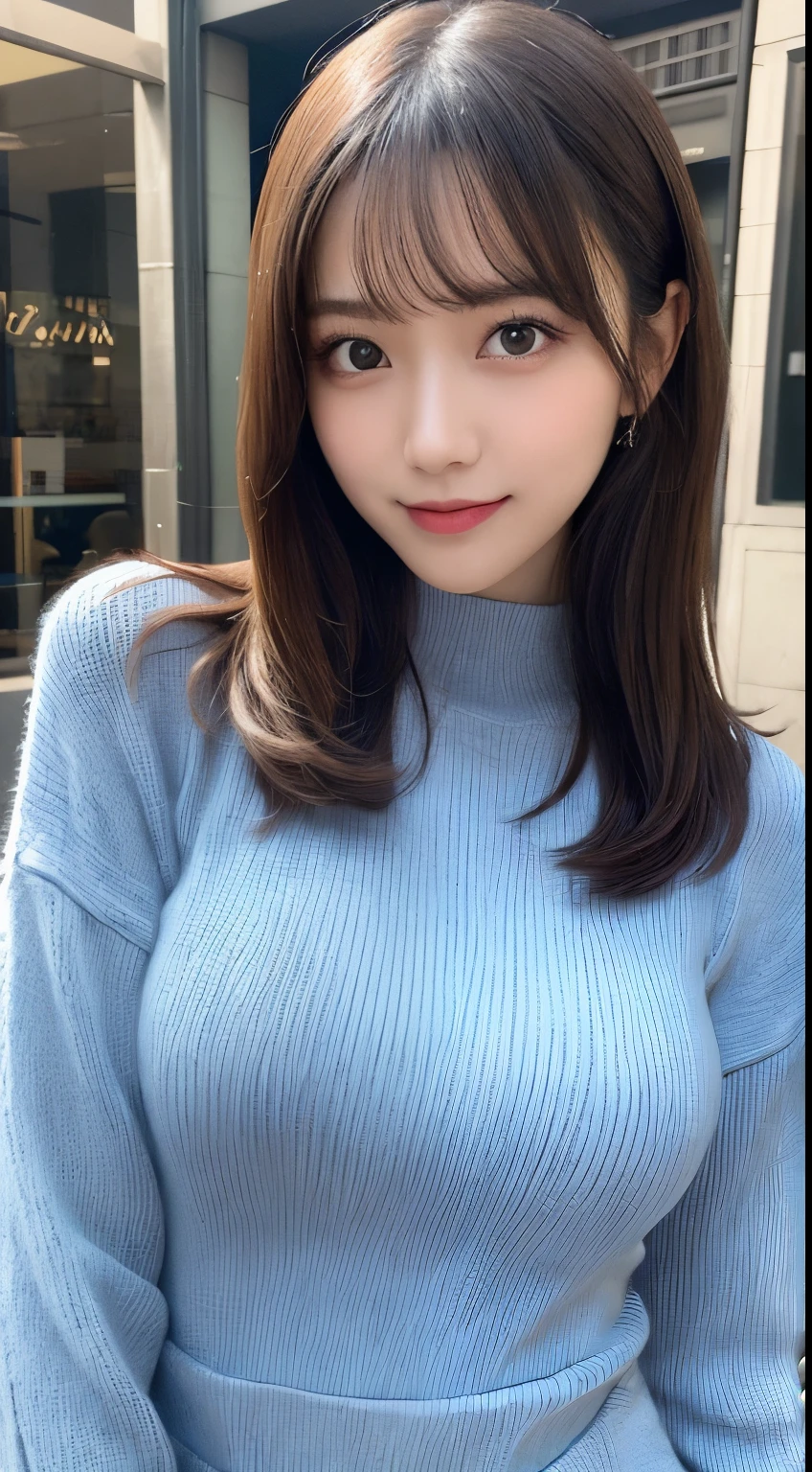 masutepiece, Best Quality, Illustration, Ultra-detailed, finely detail, hight resolution, 8K Wallpaper, Perfect dynamic composition, Beautiful detailed eyes, black long sleeve knit dress,Straight hair,Small breasts natural color lip, Randomly sexy poses,Smile,Harajuku、20 years girl、Cute、Sexy shot looking at camera,Perfect and beautiful face,Blur the background
