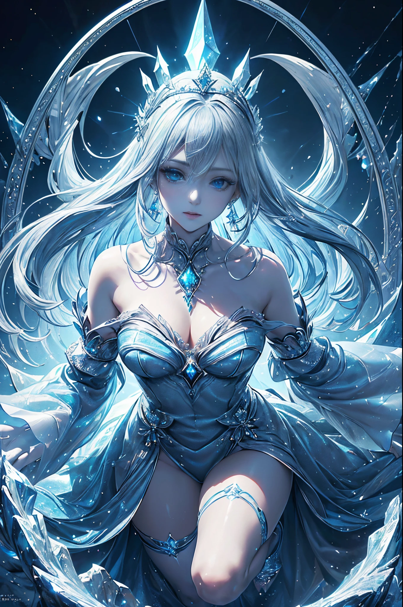 Silver and blue tones、((​masterpiece)))、(((top-quality)))、((ultra-detailliert))、(A hyper-realistic)、(highly detailed CGillustration）、light Particle、Halo、Official art、Fractal Art、Geometry learned、Abstract background、mystical、sacredness、solemnity、Majestic、dignity、absolute zero、Diamond Dust、Ice magic chant that freezes everything、permafrost、Full body luminescence、Queen of snow、Cool Beauty、 Woman in her 30s、Slender eyes、sharp gaze、sapphire eyes、Super beautiful and sparkling eyes、sophisticated menegance、Gorgeous beauty、Fans、gorgeous dress、diamond encrusted solo、Perfect Angle、perfect-composition