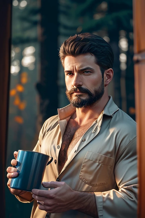 A closeup photo of an attractive man wearing a (union suit:1.2) with their hanging beside the testicleschest hair, pubic hair, mustache, cabin in the woods background, metal camping mug, ruggedly handsome, morning, (extremely detailed 8k), professional majestic oil painting by Ed Blinkey, Atey Ghailan, Studio Ghibli, Intricate, High Detail, Sharp focus, dramatic, photorealistic painting art by midjourney and greg rutkowski, homoerotic, (from_below:1.1)