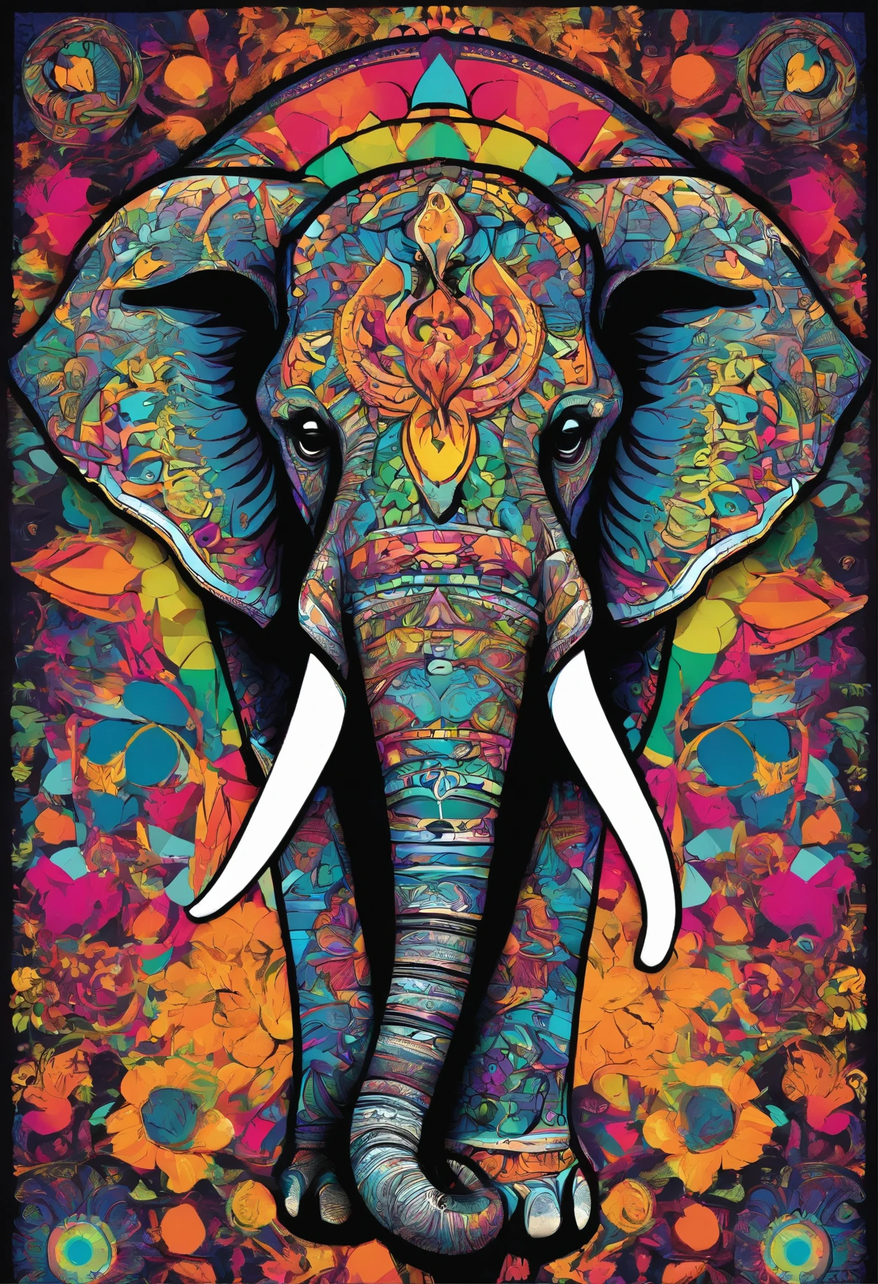 "A vibrant and enchanting kaleidoscope with a magnificent elephant head, Intricate vector design on smooth black background."