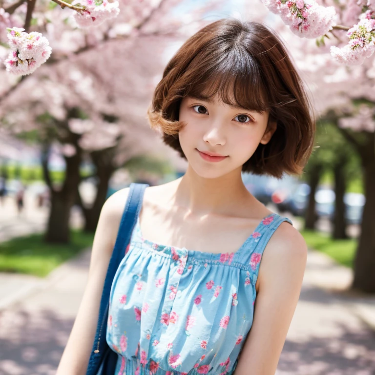 An ultra-high picture quality、Perfect Photo、Beautiful model at 18 years old、Berry Berry Shorthair、springtime、Spring clothes、In the street