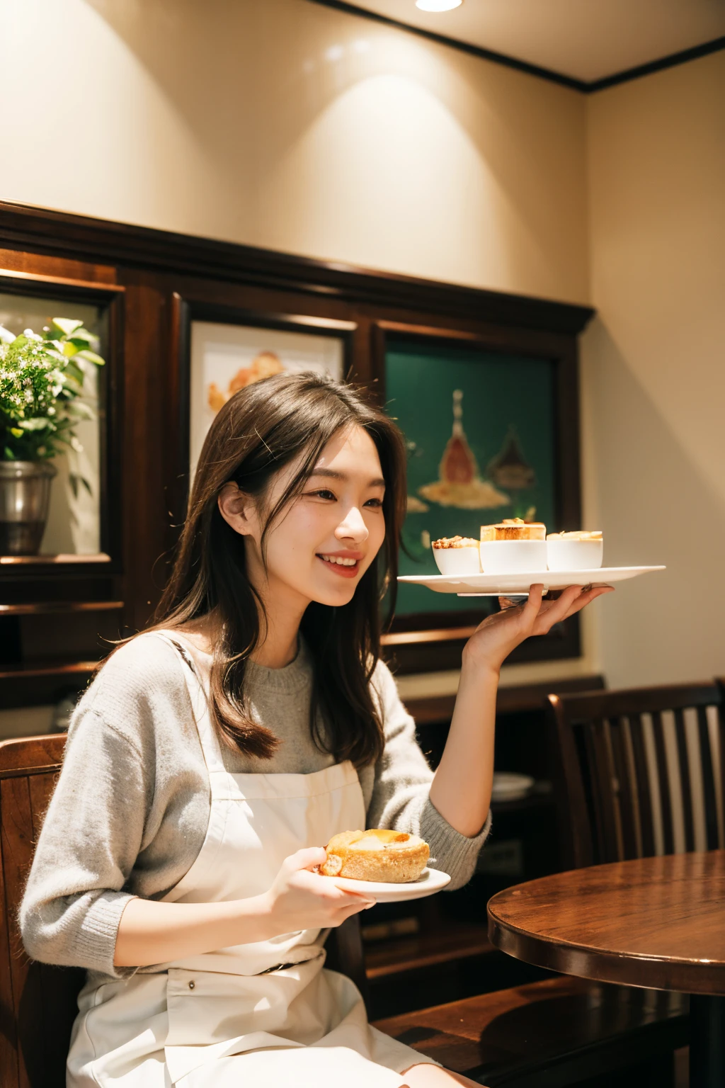 highres,ultra-detailed,realistic,portrait,homely cafe,,chicken rice,detailed girl,sitting,friendly atmosphere,casual clothing,delicious aroma,relishing every bite,steam rising from food,crispy golden chicken,flavorful rice,fragrant chicken broth,bowl of chili sauce on the side,exquisite presentation,decorative garnishes,comfortable wooden furniture,cup of hot black coffee,white ceramic mug,perfectly brewed,jazz music in the background,warm lighting creating a cozy ambience,tantalizing desserts on display,tempting cakes and pastries,happy customers enjoying their meals,smiling waitstaff providing attentive service,elegant wall art showcasing local culture,vibrant green plants adding freshness to the space,playful conversation filling the air,lovely girl immersed in her food,peaceful and enjoyable dining experience.