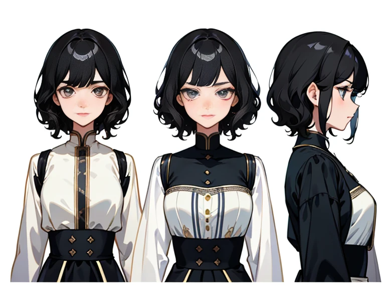 Masterpiece: 1.6, Best Quality: 1.4, Live Image: 1.2, intricate details: 1.2, charturnerv2: 1.2, 1lady complete change in the character of the body,
Appearance: Young : 1.25, Thin: 1.3, light hazel eyes, Average Breasts,, 詳細な目, High-quality eyes,
Accessories for the sewing workshop:
Hair: black hair, Short hair, Disheveled curly hair,
makeup: natural, sparkly skin,
(Single background, whitebackground: 1.3), multiple views, Multiple images of the same character in the same outfit: 1.3.