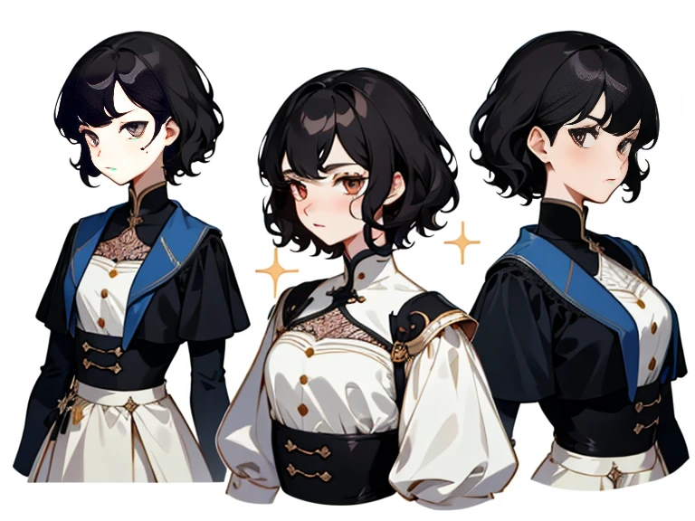 Masterpiece: 1.6, Best Quality: 1.4, Live Image: 1.2, intricate details: 1.2, charturnerv2: 1.2, 1lady complete change in the character of the body,
Appearance: Young : 1.25, Thin: 1.3, light hazel eyes, Average Breasts,, 詳細な目, High-quality eyes,
Accessories for the sewing workshop:
Hair: black hair, Short hair, Disheveled curly hair,
makeup: natural, sparkly skin,
(Single background, whitebackground: 1.3), multiple views, Multiple images of the same character in the same outfit: 1.3.
