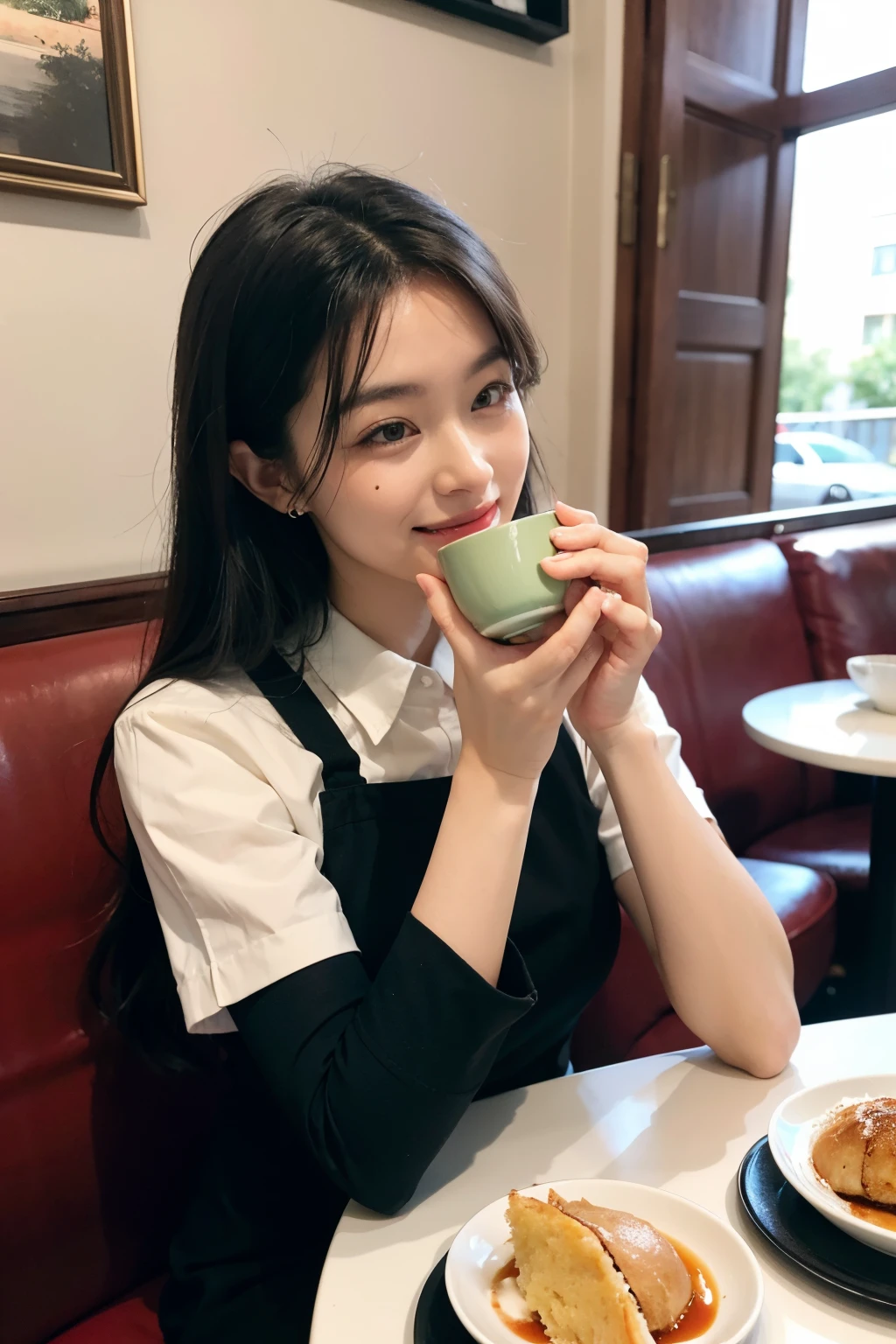 highres,ultra-detailed,realistic,portrait,homely cafe,,chicken rice,detailed girl,sitting,friendly atmosphere,casual clothing,delicious aroma,relishing every bite,steam rising from food,crispy golden chicken,flavorful rice,fragrant chicken broth,bowl of chili sauce on the side,exquisite presentation,decorative garnishes,comfortable wooden furniture,cup of hot black coffee,white ceramic mug,perfectly brewed,jazz music in the background,warm lighting creating a cozy ambience,tantalizing desserts on display,tempting cakes and pastries,happy customers enjoying their meals,smiling waitstaff providing attentive service,elegant wall art showcasing local culture,vibrant green plants adding freshness to the space,playful conversation filling the air,lovely girl immersed in her food,peaceful and enjoyable dining experience.