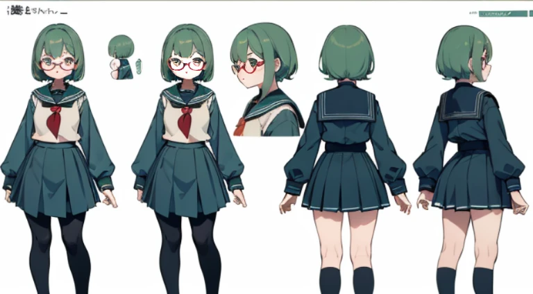 ((Masterpiece, Highest Quality)), Detailed Face, Character Sheet, full - body, Full of Details, multiple poss and expressions, Highly detailed, depth, many details, 1girl, school uniform, Seifuku, sailor uniform, long sleeves, green hair, short, flat chest, wide hips, thick-thighs, blusher, eyeglasses