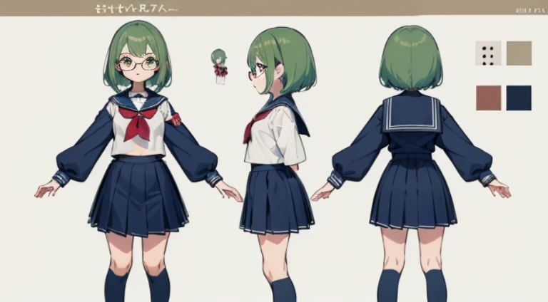 ((Masterpiece, Highest Quality)), Detailed Face, Character Sheet, full - body, Full of Details, multiple poss and expressions, Highly detailed, depth, many details, 1girl, school uniform, Seifuku, sailor uniform, long sleeves, green hair, short, flat chest, wide hips, thick-thighs, blusher, eyeglasses