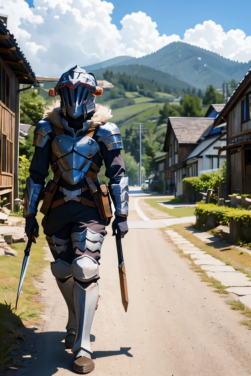 Goblin slayer from goblin slayer anime standing still in a village