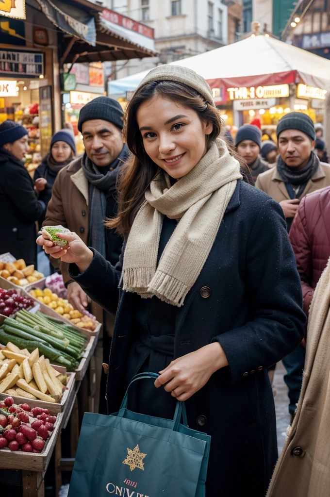 (a woman),pretty,medium,market scene,aesthetic,shopping,crowded,cold weather,winter clothing,fashionable,scarf,handsome clothing,stylish,smiling face,shopping bags,fresh vegetables,fruits,flowers,shopkeepers,stalls,scenes of people buying and selling,animate,active,joyful atmosphere,daytime,lovely lighting,colorful,bright,dynamic perspective,crowds moving,street food stalls and snacks,cozy atmosphere,movement and stillness blended,expressive faces,happy interactions,aura of vitality,blend of old and new,retro,traditional and modern aesthetics,authenticity,unique scenery,strong sense of place,longing for warm sunshine amidst the cold winter