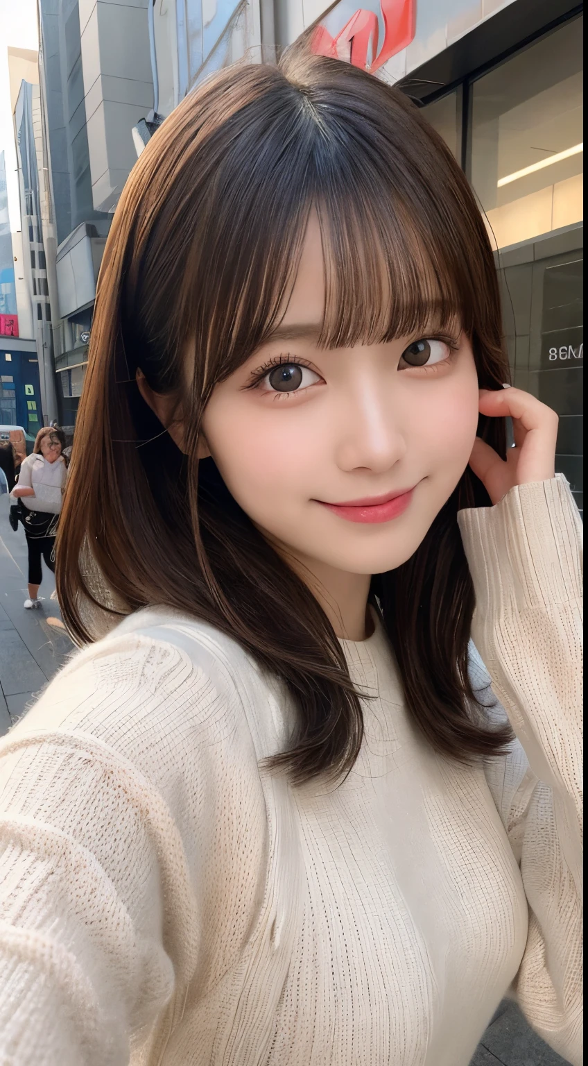 masutepiece, Best Quality, Illustration, Ultra-detailed, finely detail, hight resolution, 8K Wallpaper, Perfect dynamic composition, Beautiful detailed eyes, Long sleeve knit,Medium Hair,Small  natural color lip, Bold  poses,Smile,Harajuku、20 years girl、Cute、Sexy shot looking at camera