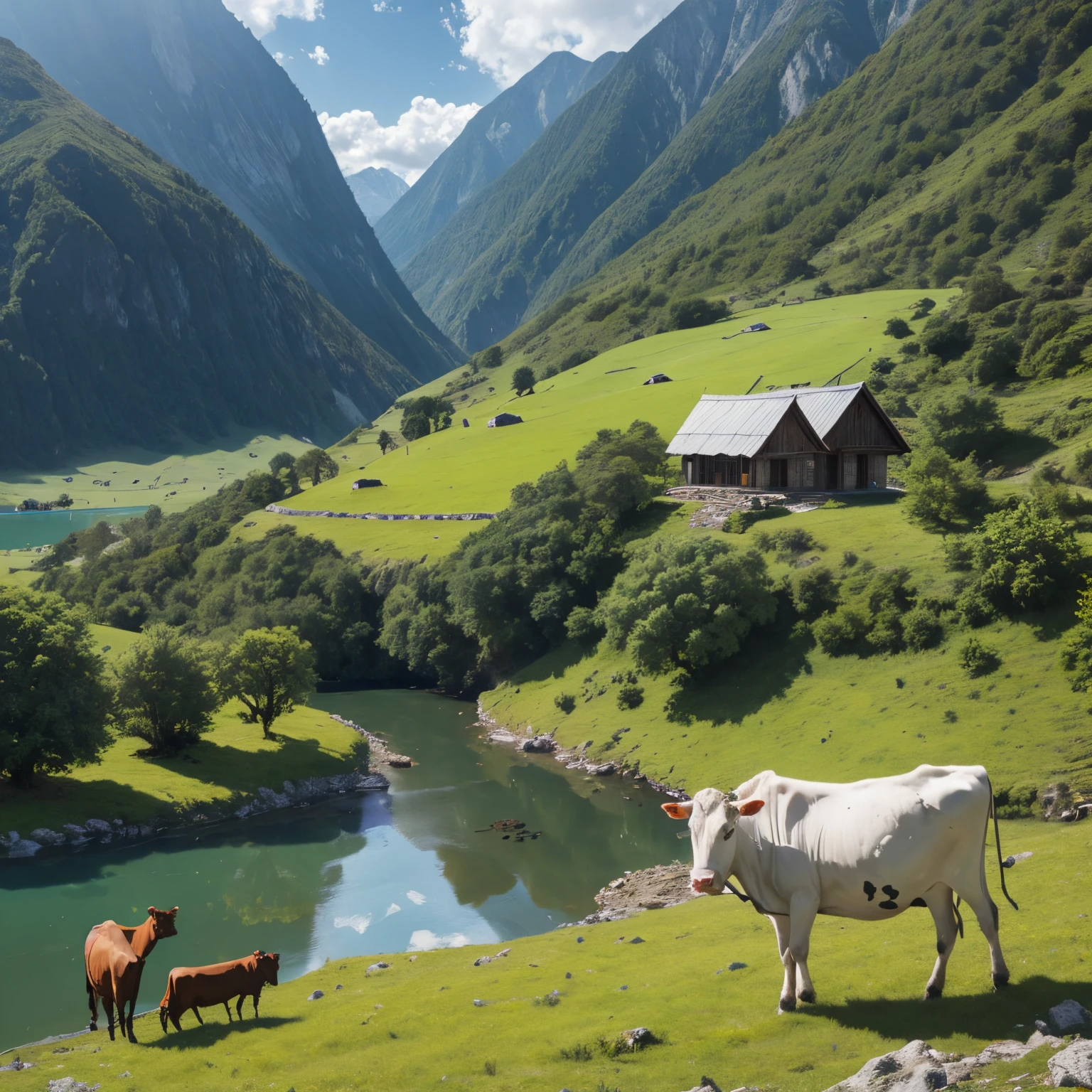 Cows on a mountain pasture in the Limestone Alps next to a stone hut and a small stream