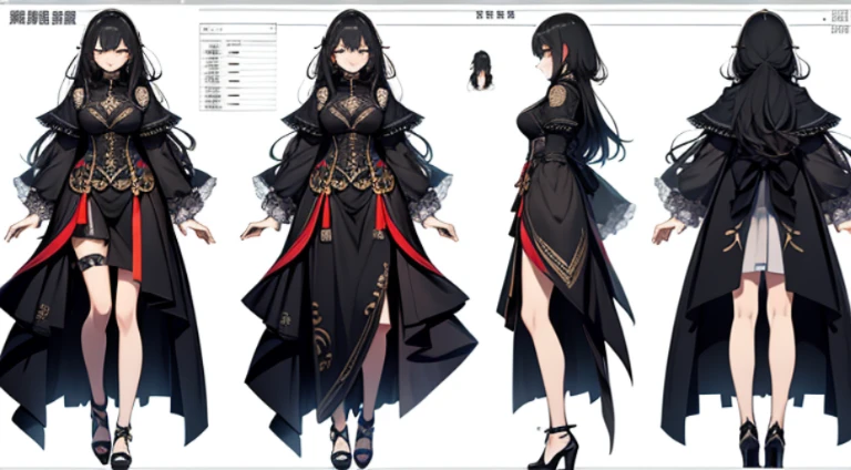 (Character Sheet),独奏,Old girl , highlighted black hair, in a beautiful dress ,line art , ,Detailed character description,3 different angles, Highly detailed body parts