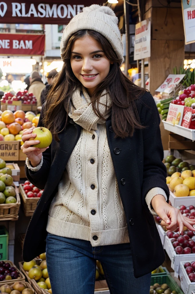 pretty woman, at market, winter clothing, buying fruits, looking at camera, smiling