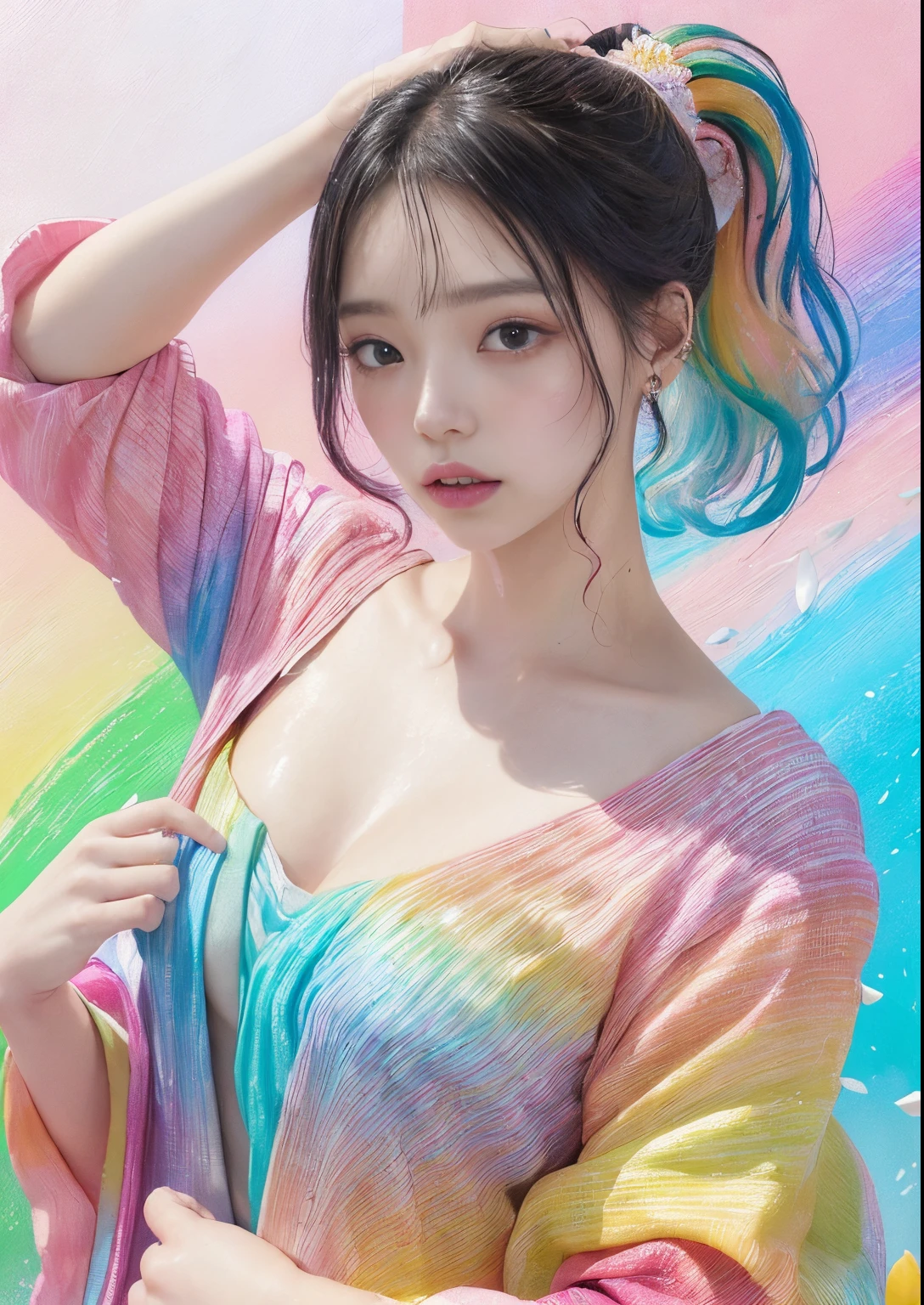 (Pink fashion T-shirt:1.9)、(colourful hair:1.8)、(all the colours of the rainbow:1.8)、((((Vertical Painting:1.6)))、(Painterly:1.6)、frontage、big eye、Sheer eyes、(Iridescent gradient high ponytail:1.7)、Exquisite makeup、Mouth closed、(Small fresh:1.5)、(Wipe Chest:1.6)、long eyes、A teary-eyed man wearing a white off-shoulder T-shirt、(rainbow-colored hair:1.6)、Color explosion, Messy lines, ((Shines)), (colourfull), Chic paint style, (color splashes), Vertical Painting, NSFW、 Paint splashes, Acrylic Pigment, gradients, depth of fields, facepaint, colourful clothes, (elegent: 1.2), Gorgeous,length hair, the wind, (elegent: 1.3), (flower petals:1.4)、(((masterpiece)))、(((top-quality)))、((ultra-detailliert))、(dynamic ungle)、((Planktonic))、(paint)、((dishevled hair))、(独奏)、((beautifull detailed face))、my shoulder hurts、white hair、((colourful hair))、(((striated hair))、beatiful detailed eyes、(Gradient color eyes)、((cammel toe))、(colorful backdrop))))、((((a high chroma))))、(((Surrounded by colorful splashes)))