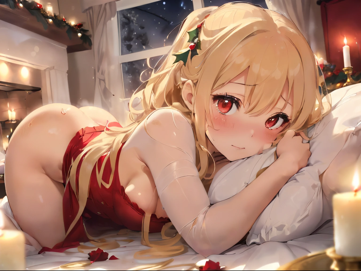 ((Light golden hair)),((long hair with curls,)),((With bangs)),(I decorated my ?????????? with ribbons...),((moonlit room)),((Countless candles)),((🕯)),((A room with a Christmas party atmosphere)),((Feeling of fatigue and weakness)),((Hug your pillow and bury your face)),Slight red tide,((she was covered in red and white roses、i'I'm lying face down on the bed with my ???? up.)),(A face that endures suffering and pain),((Teary-eyed)),((close up of face)),((Cleavage that looks modest)),((christmas ribbon collar)),((????)),((?????????)),(Insertion of extra thick and ????????),(Agony face),((View from the front)),(??? on),((White liquid flows out)),((copulation)),(((Insertion ???????????))),((???????????)),((??????? insertion)),