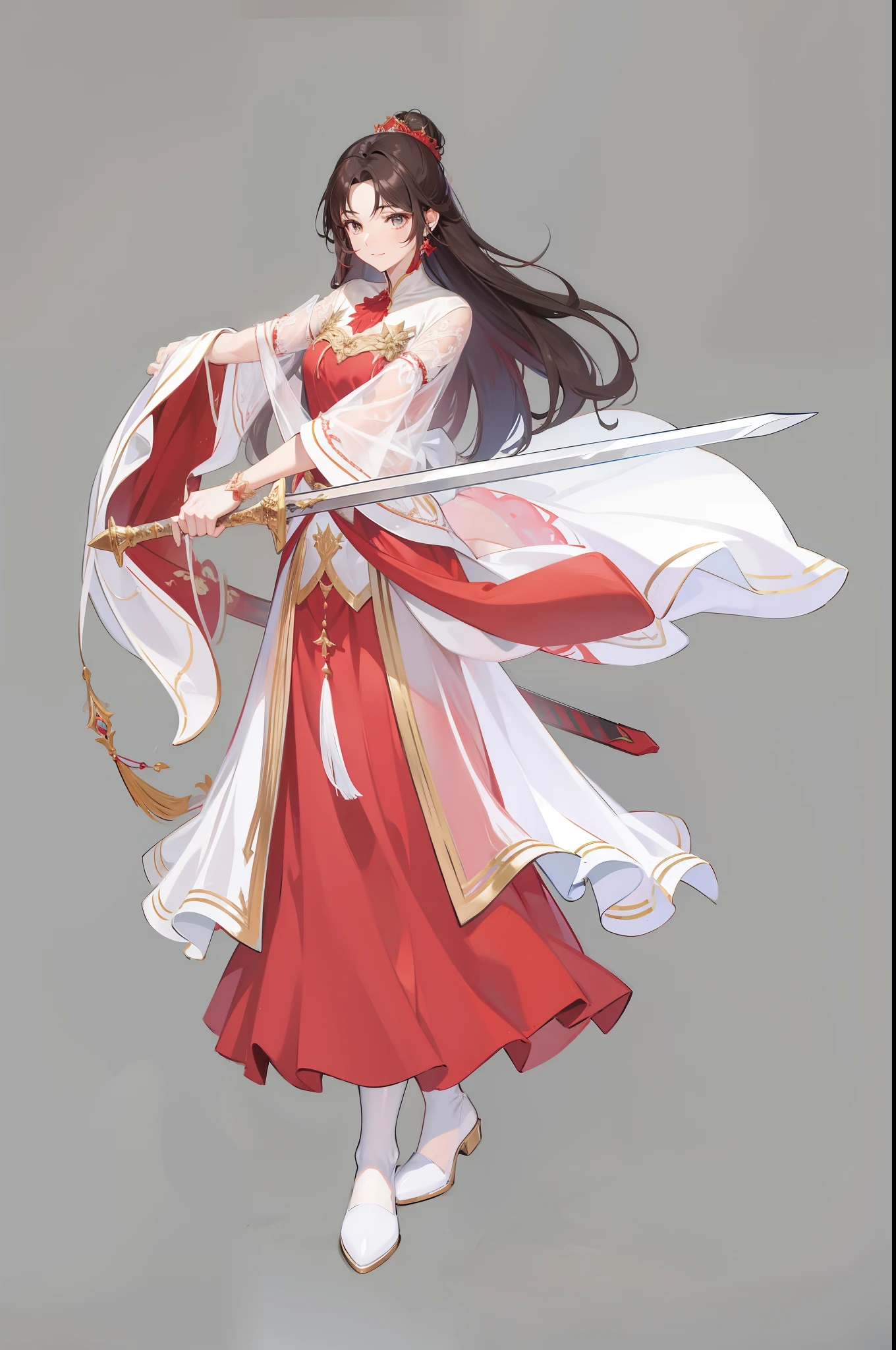 fairy in red,Wearing white tulle,Take a sword,Flying hair,k hd,tmasterpiece,A detailed