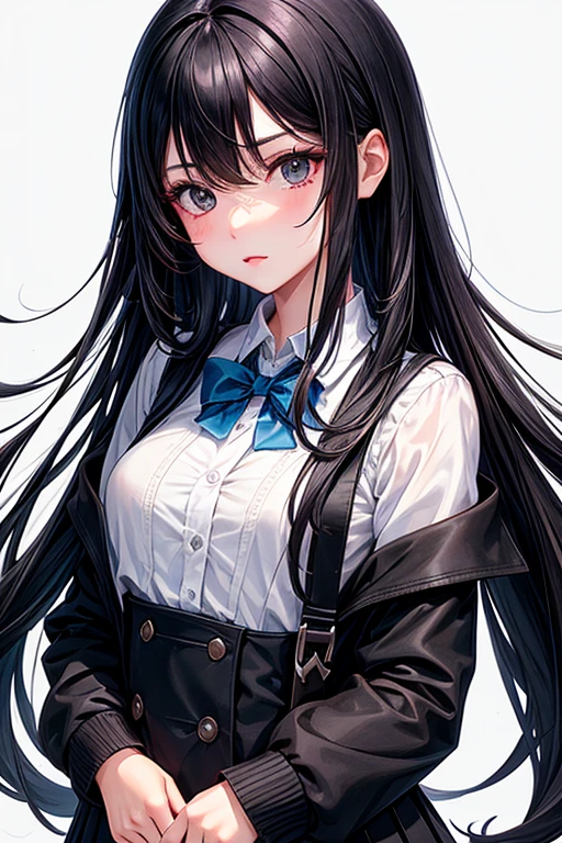 1 girl, school uniform, sharp black eyes, long black hair, high quality, high detailed, 8k, best quality, expressive eyes.