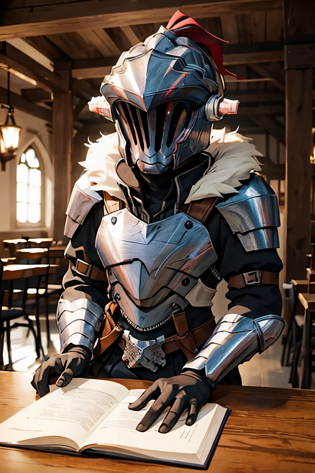 Goblin slayer sitting on a table with a priestess