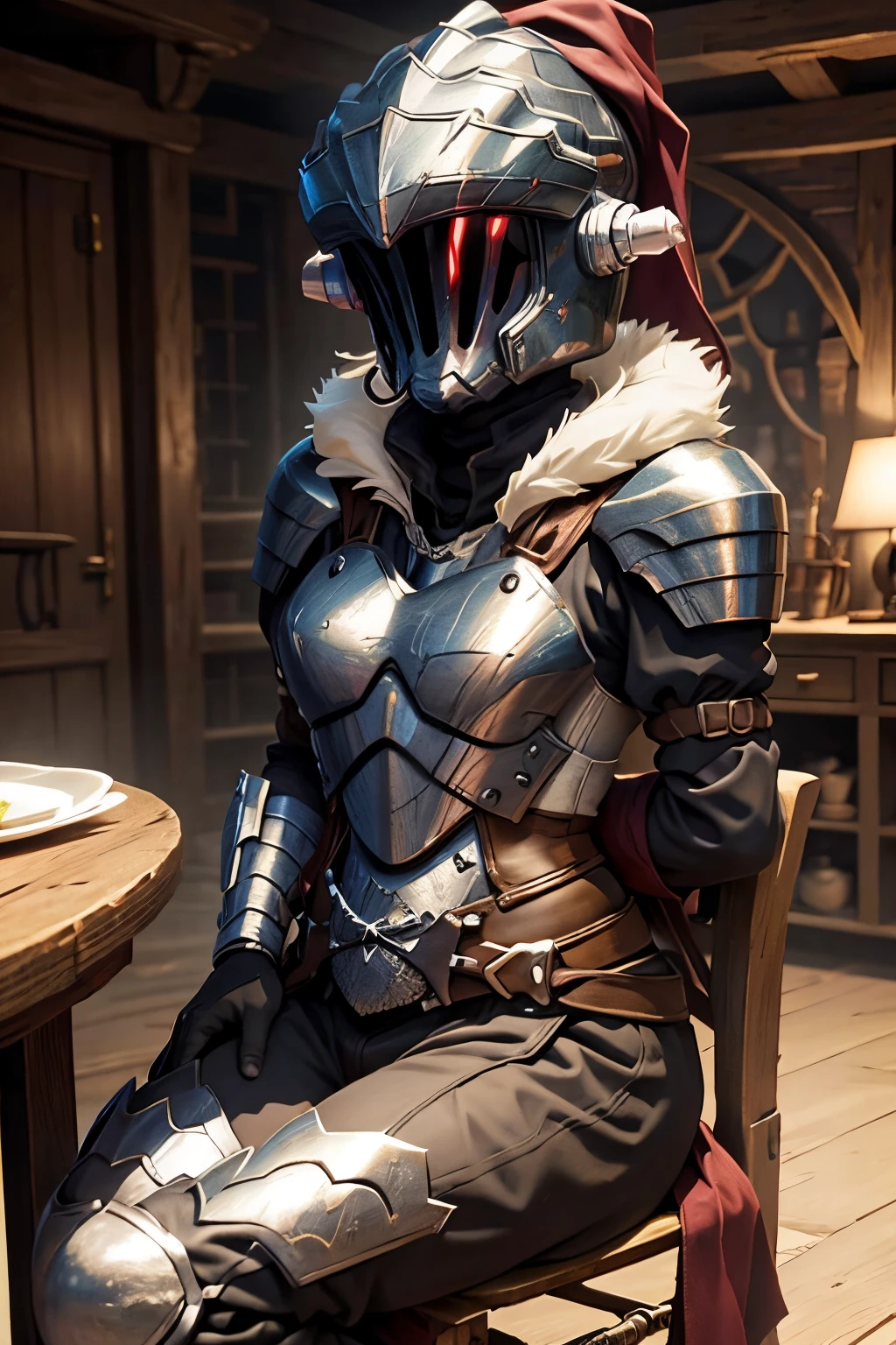 Goblin slayer sitting on a table with a priestess