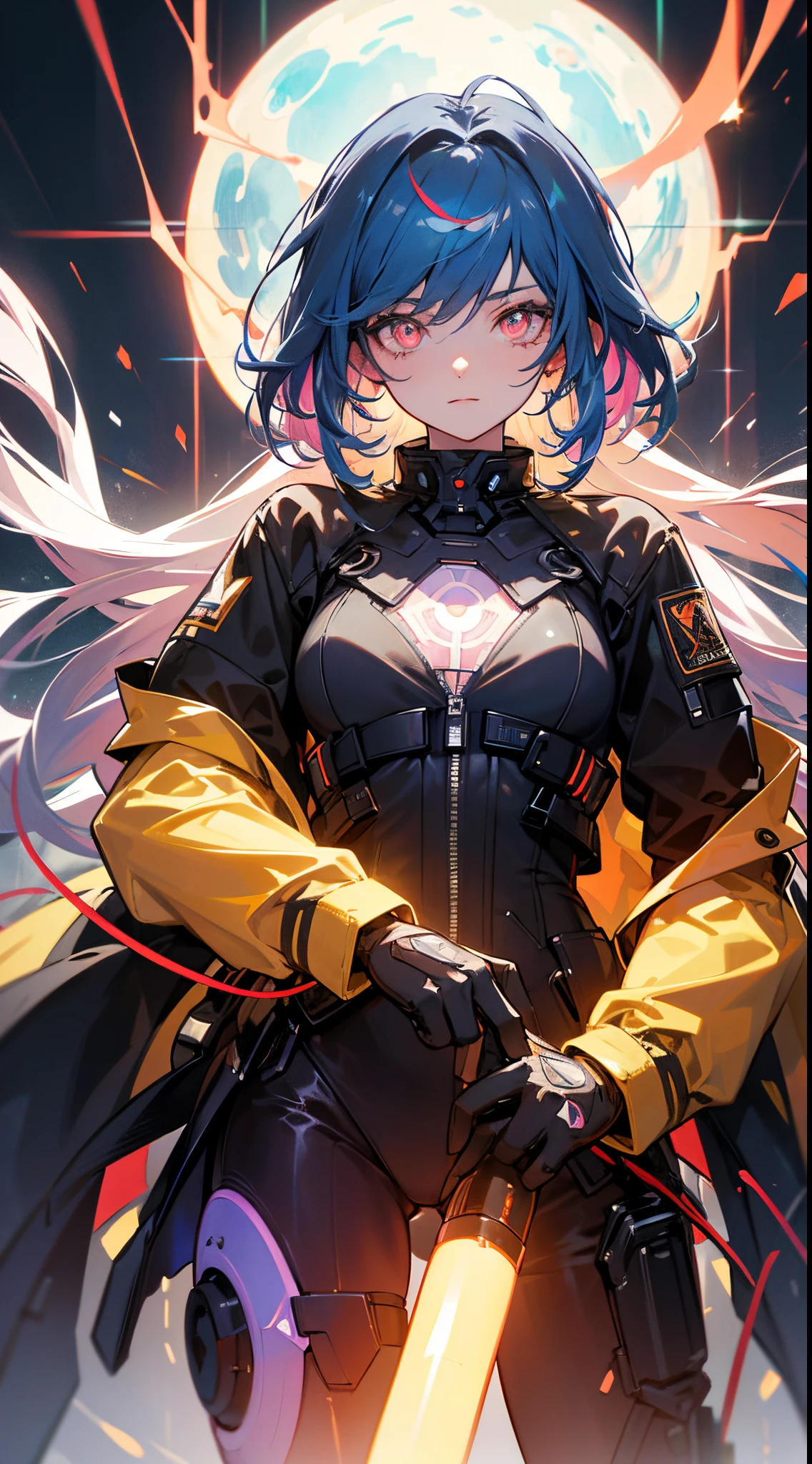 glowing eyes, colourful glowing hair, wearing sci-fi jacket, anime style, high detail, Futurism, glowing light, UHD, retina, masterpiece, ccurate, anatomically correct, textured skin, super detail, high details, high quality, award winning, best quality, highres